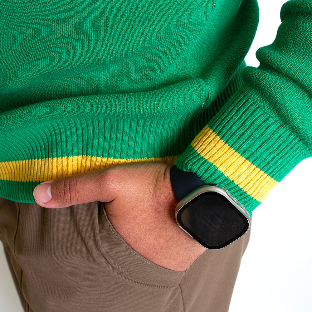 Green sweater outlet with yellow stripe